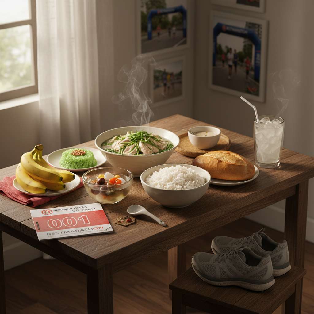 Bàn ăn Việt Nam nhìn từ trên xuống (flat lay) với bát cơm trắng bốc khói, tô phở gà có hành lá, đĩa xôi đậu xanh, chén chè bưởi, nải chuối vàng, ổ bánh mì, ly nước dừa tươi. Tất cả bày trên bàn gỗ mộc mạc, ánh sáng tự nhiên ấm áp từ cửa sổ, phong cách food photography Việt Nam đậm chất gia đình, chất lượng 4K.