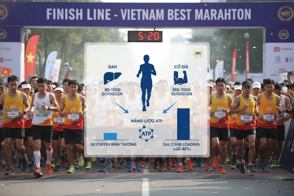 Sơ đồ infographic thể hiện cơ chế glycogen trong cơ thể runner: hình người chạy bộ ở giữa, bên trái là hình gan với nhãn 