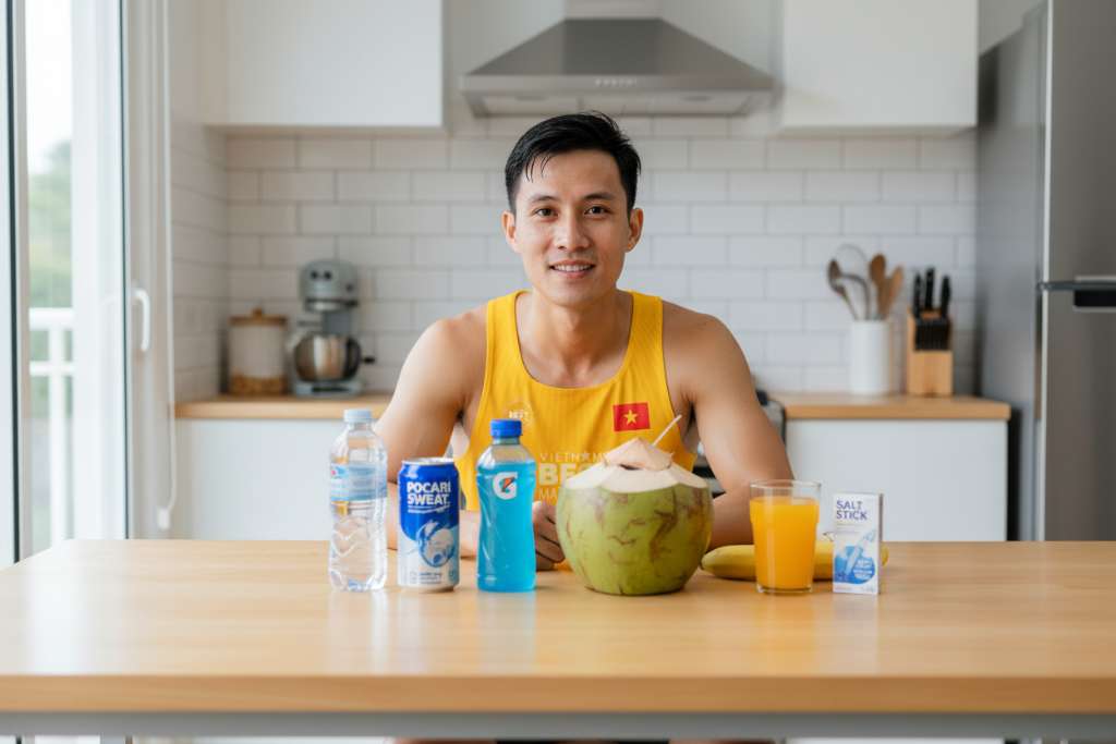 Runner Việt Nam mặc áo thể thao ngồi tại bàn bếp, trước mặt là hàng ngang các loại đồ uống: chai nước lọc, lon Pocari Sweat, chai Gatorade xanh, quả dừa tươi đã cắt nắp, ly nước cam. Bên cạnh là trái chuối và hộp muối điện giải. Ánh sáng tự nhiên ban ngày, phong cách clean và sáng sủa, góc chụp ngang tầm mắt.
