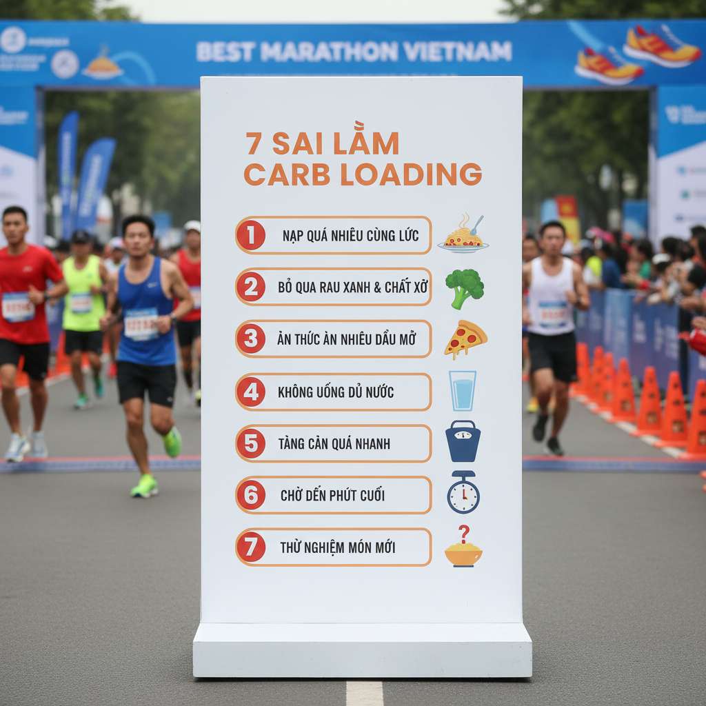 Infographic dọc liệt kê 7 sai lầm carb loading, mỗi mục có icon ❌ màu đỏ bên trái và icon minh họa nhỏ bên phải (icon đĩa thức ăn quá đầy, icon rau xanh, icon pizza, icon ly nước, icon cân nặng, icon đồng hồ). Nền trắng, viền mỗi mục là khung màu cam nhạt, phong cách checklist thể thao gọn gàng.