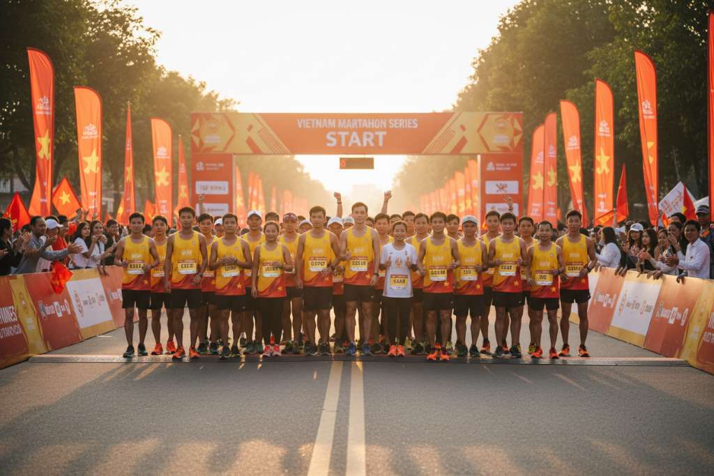 Nhóm runner Việt Nam đa dạng — nam và nữ, trẻ và trung niên — đứng tại vạch xuất phát một giải marathon Việt Nam, ai cũng đeo bib number, biểu cảm hào hứng và tự tin. Phía sau là cổng xuất phát với banner đỏ vàng, hai bên đường có cờ phướn và khán giả cổ vũ. Ánh nắng sớm, góc chụp rộng từ phía trước, phong cách nhiếp ảnh sự kiện thể thao chuyên nghiệp.