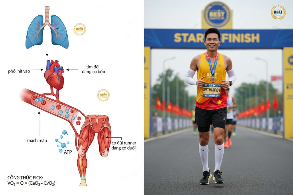 Infographic dọc minh họa hành trình của oxy trong cơ thể runner: bắt đầu từ phổi hít vào (vẽ phổi xanh dương), mũi tên xuống tim bơm máu (tim đỏ đang co bóp), mũi tên tiếp đến mạch máu chứa hemoglobin vận chuyển oxy, cuối cùng đến cơ đùi runner đang co duỗi tạo ATP năng lượng, nền trắng sạch, phong cách medical illustration hiện đại, có ghi công thức Fick: VO2 = Q × (CaO2 - CvO2) ở góc dưới