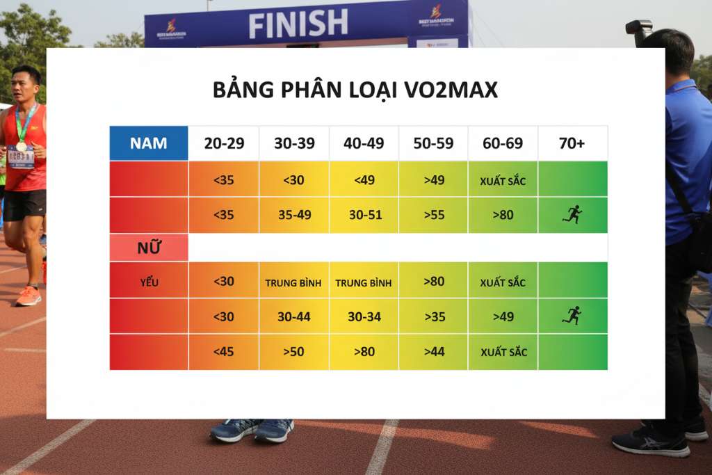 Bảng phân loại VO2max thiết kế dạng infographic ngang, chia 2 hàng nam (xanh dương) và nữ (hồng san hô), 6 cột nhóm tuổi từ 20-29 đến 70+, mỗi ô tô màu gradient từ đỏ (Yếu) qua vàng (Trung bình) đến xanh lá (Xuất sắc), có icon runner nhỏ ở mức Xuất sắc, nền trắng, font đậm dễ đọc trên điện thoại