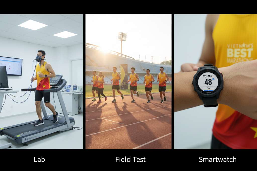 Ảnh chia 3 phần ngang: bên trái là runner đeo mặt nạ phân tích khí chạy trên treadmill trong phòng lab trắng sáng, giữa là nhóm runner Việt Nam đang chạy Cooper Test trên đường chạy điền kinh 400m sân Mỹ Đình dưới nắng sớm, bên phải là cổ tay đeo đồng hồ Garmin Forerunner hiển thị chỉ số VO2max 48 trên màn hình xanh, có nhãn ghi 