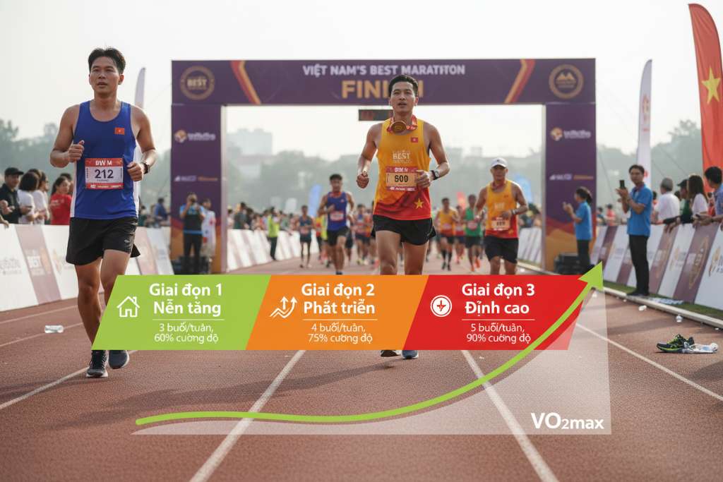 Timeline ngang chia 3 giai đoạn trên nền đường chạy: Giai đoạn 1 