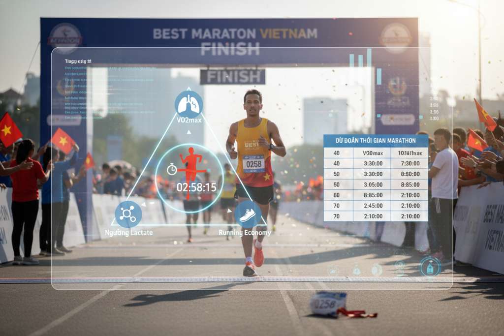 Biểu đồ tam giác thành tích marathon với 3 đỉnh: VO2max (đỉnh trên, icon phổi), Ngưỡng Lactate (đỉnh trái dưới, icon axit lactic), Running Economy (đỉnh phải dưới, icon bước chân hiệu quả), ở giữa tam giác là hình runner đang về đích marathon với đồng hồ bấm giờ, kèm bảng nhỏ dự đoán thời gian marathon theo VO2max từ 40 đến 70, nền trắng phong cách data visualization