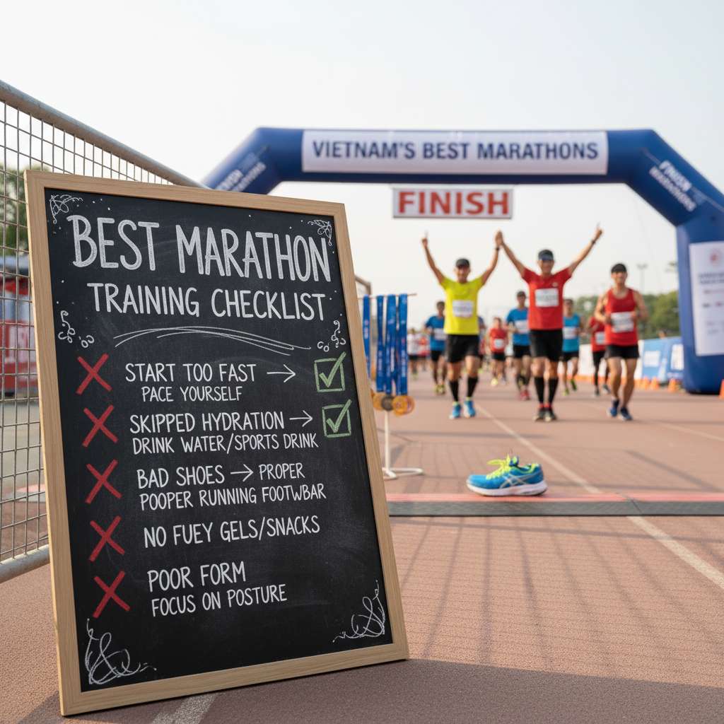 Checklist dọc 5 mục trên nền bảng đen kiểu phòng huấn luyện, mỗi mục có biểu tượng ❌ đỏ bên trái kèm text trắng mô tả sai lầm, bên phải mỗi mục là icon ✅ xanh kèm cách khắc phục viết nhỏ hơn, có vệt phấn trắng trang trí, phong cách typography chalk board thể thao