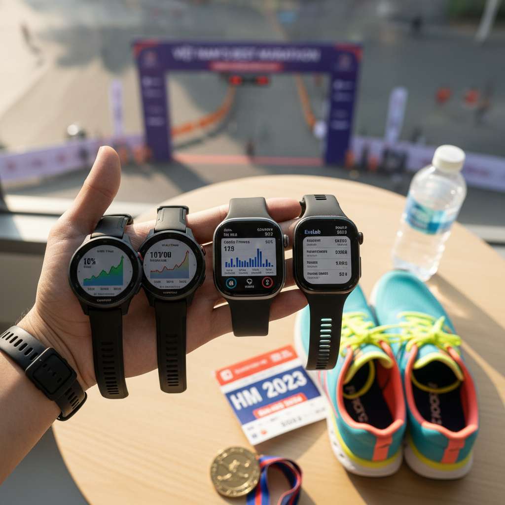 Bàn tay runner Việt Nam cầm 3 chiếc đồng hồ thể thao xếp hàng: Garmin Forerunner 265 (mặt hiển thị VO2max trend chart), Apple Watch Ultra 2 (mặt hiển thị Cardio Fitness), COROS PACE 3 (mặt hiển thị EvoLab dashboard), trên nền bàn gỗ sáng có đôi giày chạy và chai nước bên cạnh, ánh sáng tự nhiên từ cửa sổ, góc chụp từ trên xuống flat lay