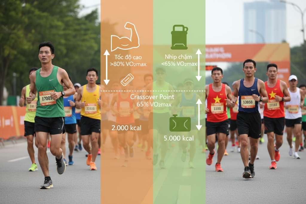 Infographic dọc chia hai nửa trái-phải. Nửa trái nền cam nhạt vẽ biểu tượng glycogen (thanh năng lượng nhỏ gọn cạnh bắp cơ) kèm số liệu 2.000 kcal, mũi tên hướng lên kèm chữ 