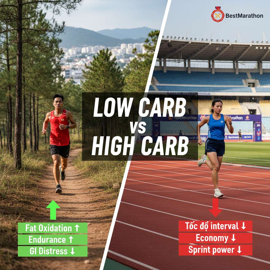 Bảng so sánh dạng split-screen trên nền sân vận động. Bên trái: runner nam mặc áo đỏ đang chạy nhẹ nhàng trên đường trail rừng thông, bên dưới có icon mũi tên xanh lá hướng lên kèm chữ 