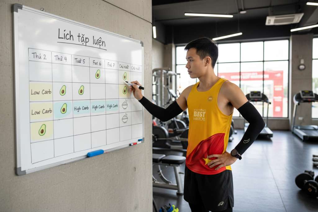 Lịch tập dạng calendar 7 ngày được in trên bảng trắng gắn tường phòng gym. Các ngày low carb (Thứ 2, Thứ 4, Thứ 6, Chủ nhật) được tô highlight vàng nhạt với icon quả bơ nhỏ. Các ngày high carb (Thứ 3, Thứ 5, Thứ 7) tô highlight xanh dương nhạt với icon bát cơm. Bên cạnh bảng có một runner Việt Nam đang đứng nghiên cứu lịch, tay cầm bút dạ. Ánh sáng đèn gym trắng sáng, góc chụp chéo 30 độ.