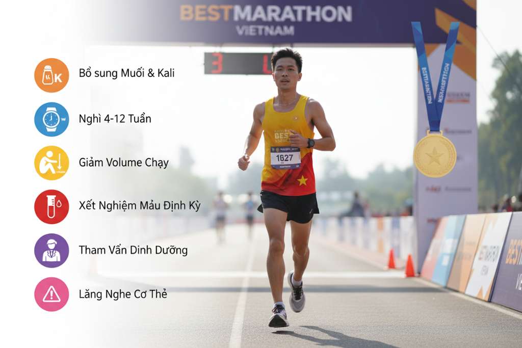 Infographic dạng checklist dọc trên nền trắng, 6 mục xếp từ trên xuống, mỗi mục có icon tròn màu sắc khác nhau: (1) lọ muối và kali - icon cam, (2) đồng hồ 4-12 tuần - icon xanh dương, (3) runner ngồi nghỉ giảm volume - icon vàng, (4) ống nghiệm xét nghiệm máu - icon đỏ, (5) bác sĩ dinh dưỡng - icon tím, (6) cơ thể với dấu cảnh báo - icon hồng. Mỗi icon kèm 1 dòng chú thích ngắn. Phong cách clean, medical-sport, font rõ ràng.