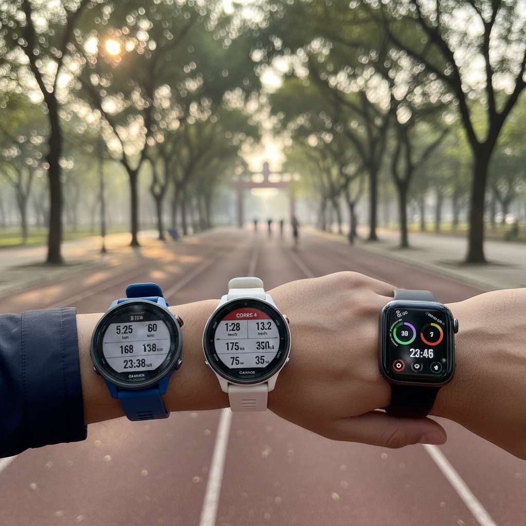 Ba chiếc đồng hồ Garmin Forerunner 265 (xanh dương), COROS PACE 4 (trắng) và Apple Watch Series 11 (đen) đeo trên ba cổ tay runner đặt cạnh nhau, mỗi màn hình hiển thị giao diện chạy bộ. Bối cảnh là đường chạy công viên Yên Sở Hà Nội buổi sáng sớm, nắng nhẹ xuyên qua hàng cây. Góc chụp close-up từ phía trước, focus vào màn hình đồng hồ, bokeh nhẹ phía sau.