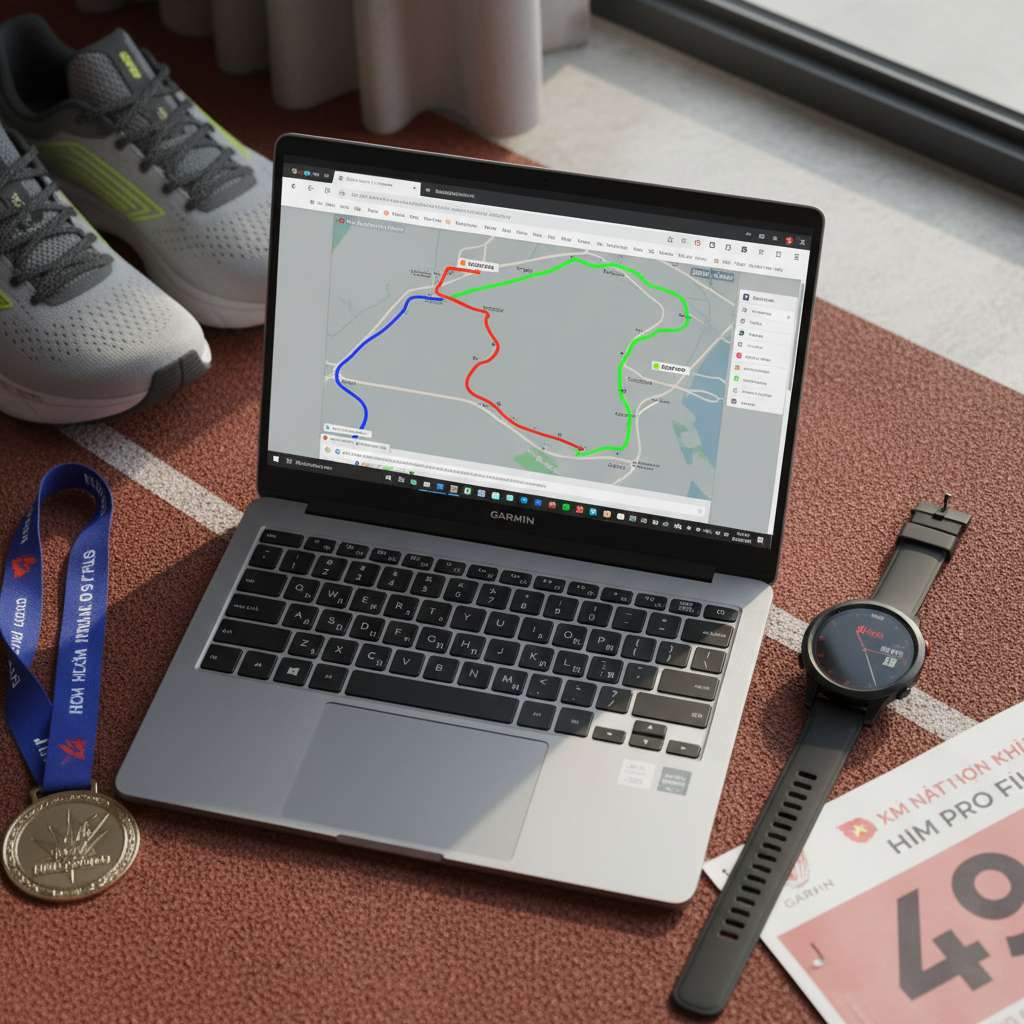 Màn hình laptop hiển thị hai bản đồ GPS track chồng lên nhau trên Strava — một track màu đỏ (Garmin) và một track màu xanh lá (COROS) chạy dọc hồ Hoàn Kiếm Hà Nội. Bên cạnh laptop là chiếc đồng hồ Garmin và dây đeo ngực HRM-Pro Plus. Ánh sáng tự nhiên từ cửa sổ, góc chụp từ trên xuống, phong cách flat lay.