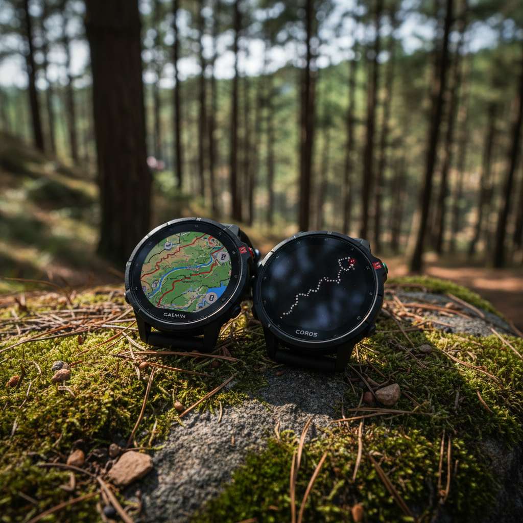 Cận cảnh màn hình đồng hồ Garmin Forerunner 965 hiển thị bản đồ topo toàn màu đường trail rừng, bên cạnh là màn hình COROS APEX 4 hiển thị breadcrumb navigation. Hai đồng hồ đặt trên tảng đá rêu phong giữa rừng thông Đà Lạt, ánh nắng xuyên qua tán lá tạo hiệu ứng ánh sáng đốm. Góc chụp macro, focus vào màn hình đồng hồ.