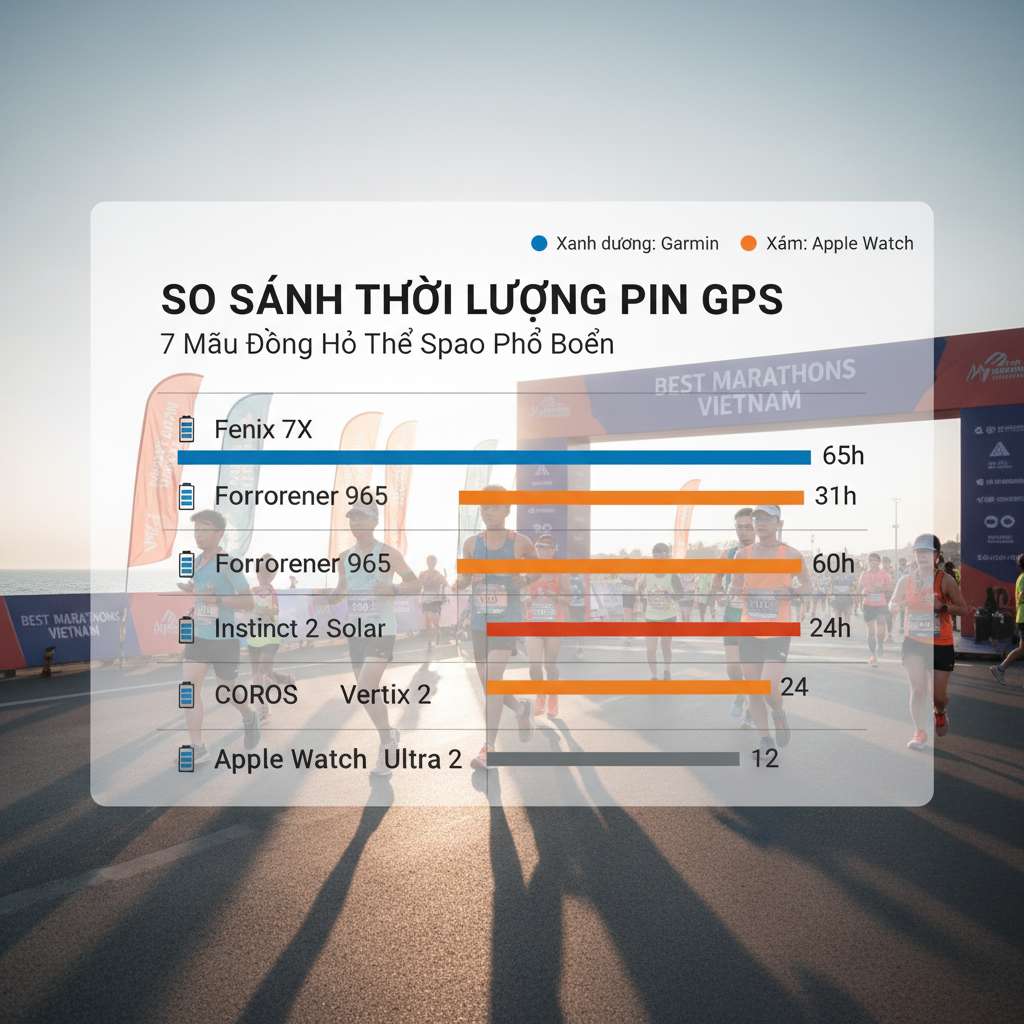 Infographic dạng bar chart ngang so sánh thời lượng pin GPS của 7 model đồng hồ từ Garmin, COROS và Apple Watch. Thanh bar dùng 3 màu: xanh dương (Garmin), cam (COROS), xám (Apple Watch). COROS APEX 4 có thanh dài nhất (65h). Nền trắng sạch, typography hiện đại, có icon pin ở mỗi thanh. Phong cách thiết kế tối giản, chuyên nghiệp.