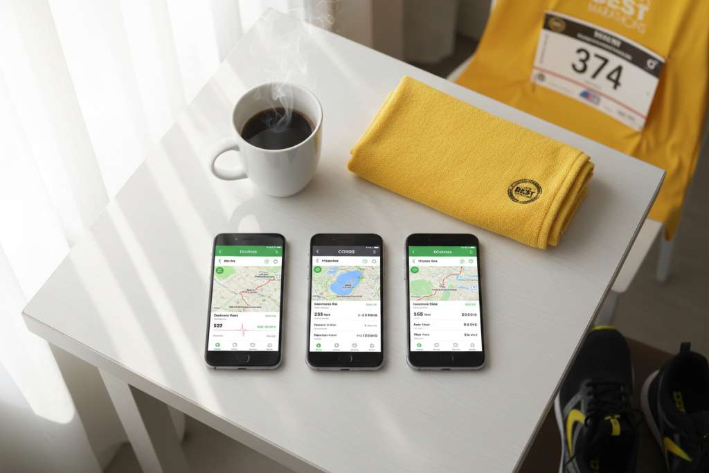 Ba màn hình điện thoại đặt cạnh nhau hiển thị giao diện app Garmin Connect (trái), COROS App (giữa) và Apple Fitness (phải), mỗi app đang hiển thị trang tổng hợp sau buổi chạy với bản đồ, nhịp tim và pace chart. Điện thoại đặt trên bàn trắng, bên cạnh ly cà phê và khăn thể thao. Ánh sáng tự nhiên, góc chụp từ trên xuống, phong cách lifestyle.