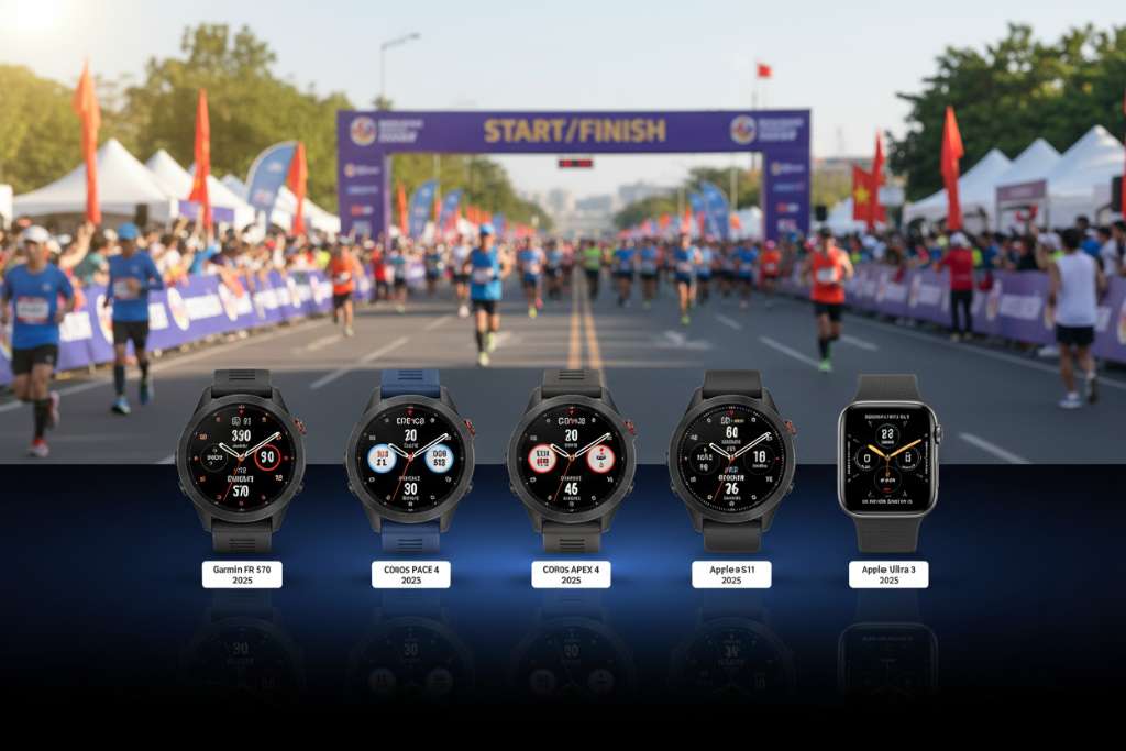 Lineup sáu chiếc đồng hồ xếp hàng ngang trên nền gradient từ xanh đậm sang đen: Garmin FR 570, Garmin FR 970, COROS PACE 4, COROS APEX 4, Apple Watch S11, Apple Watch Ultra 3. Mỗi đồng hồ hiển thị mặt watchface đặc trưng, có tag nhỏ ghi tên model và năm 2025. Ánh sáng studio, bóng phản chiếu trên mặt kính, phong cách quảng cáo sản phẩm cao cấp.