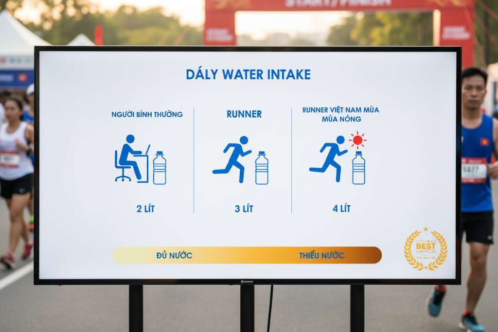 Infographic dọc trên nền trắng sạch, chia 3 cột so sánh lượng nước hàng ngày: cột 1 là người bình thường (icon người ngồi bàn, chai nước 2L), cột 2 là runner (icon người chạy, chai nước 3L), cột 3 là runner Việt Nam mùa nóng (icon người chạy + mặt trời đỏ, chai nước 4L). Phía dưới có dải màu gradient nước tiểu từ vàng nhạt (đủ nước) đến vàng đậm (thiếu nước). Logo Vietnam's Best Marathon góc dưới phải. Tông màu xanh dương – trắng – cam nhạt.