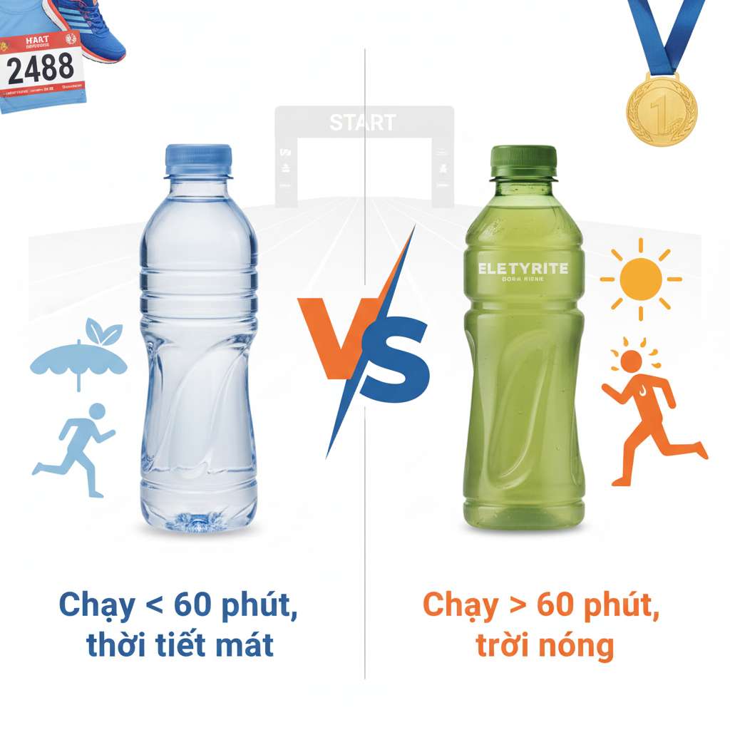 Bảng so sánh dạng split-screen trên nền sáng: bên trái là chai nước lọc trong suốt với icon runner chạy nhẹ nhàng dưới bóng mát (text: 