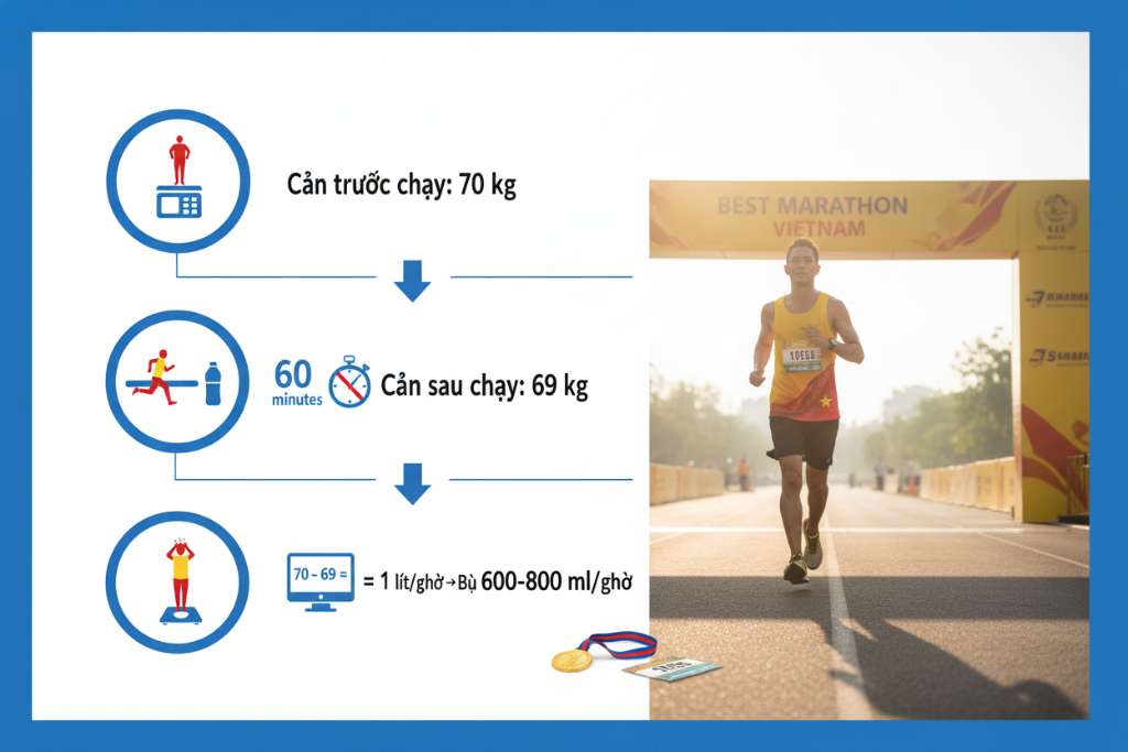 Hướng dẫn 4 bước sweat rate test dạng infographic dọc: bước 1 (icon cân điện tử + người đứng lên cân, ghi 