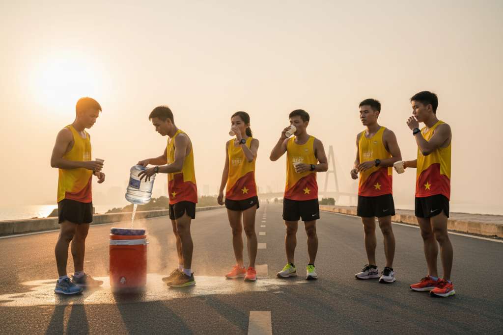 Nhóm 4-5 runner Việt Nam mặc áo chạy sáng màu, đang dừng lại tại trạm tiếp nước giữa một cung đường chạy ven biển Đà Nẵng lúc bình minh. Một người đang rót nước từ bình vào cốc, người khác đang uống, hơi nước bốc nhẹ trên mặt đường. Phía xa là cầu Thuận Phước mờ trong sương sớm. Ánh sáng vàng cam, không khí ẩm, góc chụp rộng, phong cách editorial thể thao.