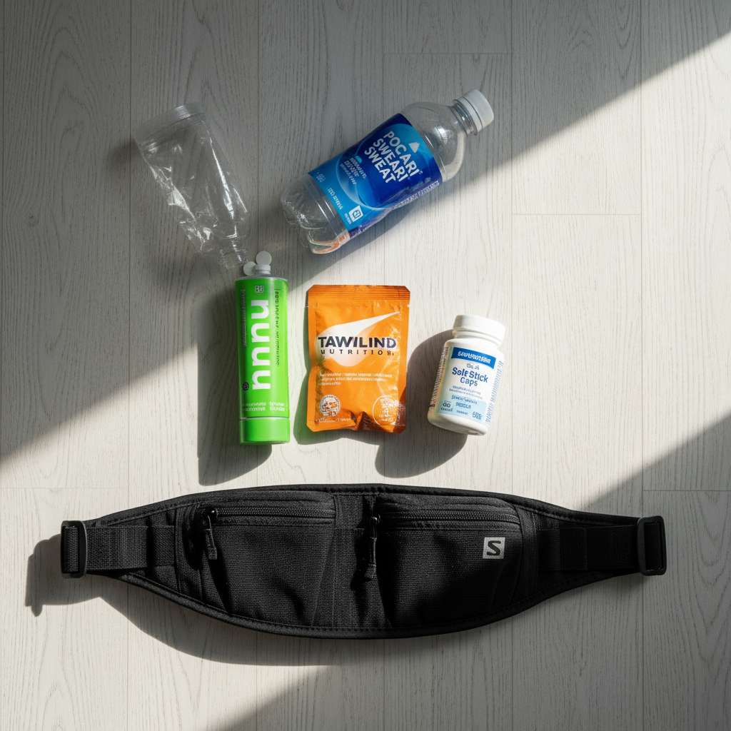 Ảnh flat-lay trên nền gỗ sáng, bày biện gọn gàng các sản phẩm hydration: 1 tuýp viên sủi Nuun xanh lá, 1 gói bột Tailwind cam, 1 lọ SaltStick Caps trắng, 1 chai Pocari Sweat, 1 bình nước mềm Salomon 500ml, và 1 đai chạy đeo bụng. Góc chụp từ trên xuống (bird's eye), ánh sáng tự nhiên từ cửa sổ, shadow nhẹ, phong cách lifestyle thể thao.