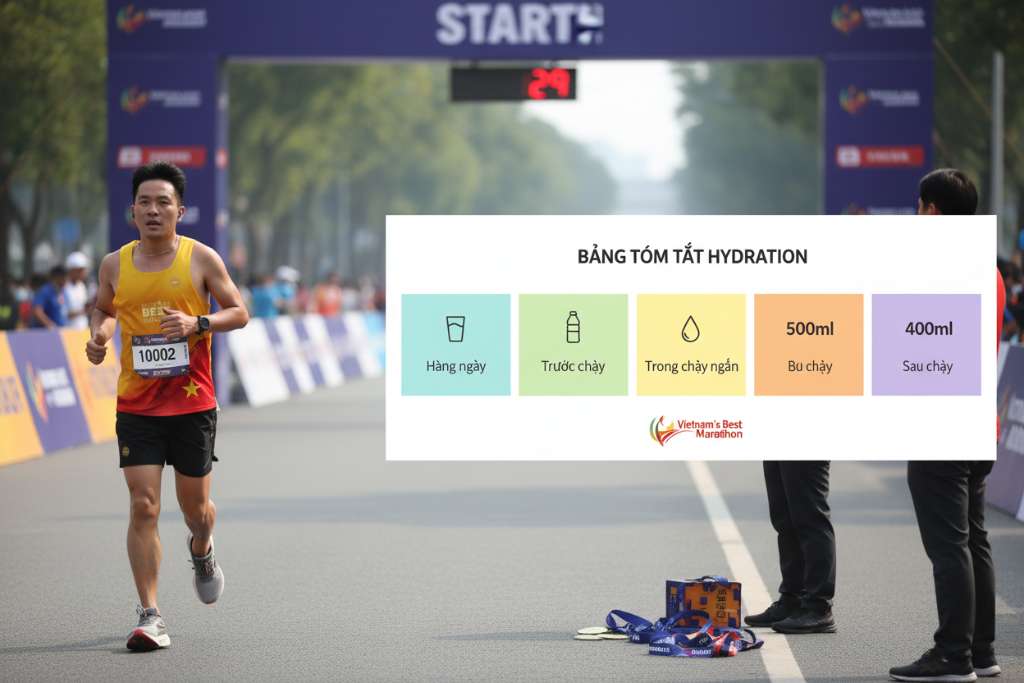 Bảng tóm tắt hydration dạng infographic ngang, chia 5 ô màu pastel khác nhau (xanh dương nhạt, xanh lá nhạt, vàng nhạt, cam nhạt, tím nhạt), mỗi ô tương ứng 1 thời điểm (Hàng ngày / Trước chạy / Trong chạy ngắn / Trong chạy dài / Sau chạy). Mỗi ô có icon minh họa đơn giản và con số ml in đậm. Thiết kế mobile-friendly, dễ screenshot. Logo Vietnam's Best Marathon ở dưới cùng.