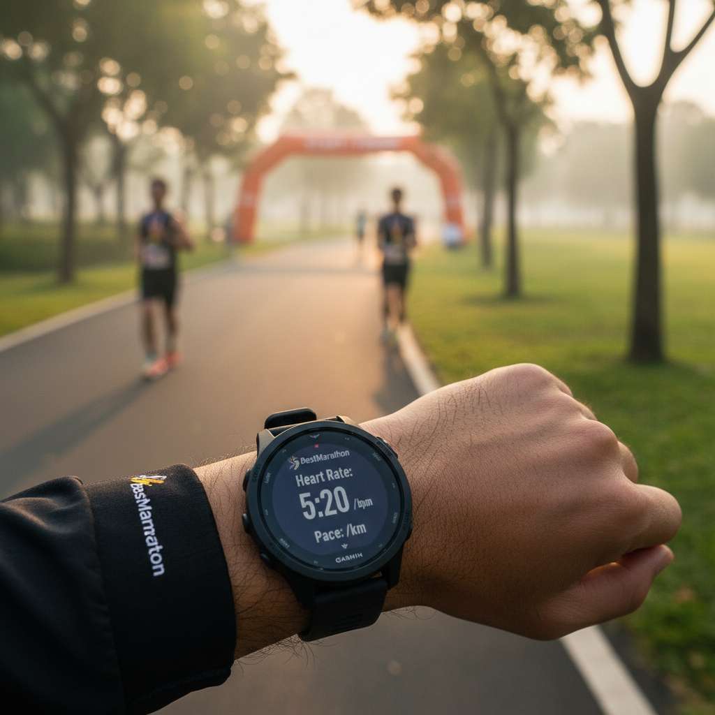 Cận cảnh đồng hồ Garmin Forerunner trên cổ tay runner đang chạy, màn hình hiển thị nhịp tim 162 bpm và pace 5:20/km, phía sau mờ nhòe là đường chạy công viên Yên Sở Hà Nội lúc sáng sớm, cỏ xanh hai bên, ánh sáng tự nhiên mềm mại, góc chụp macro cổ tay, phong cách thể thao editorial