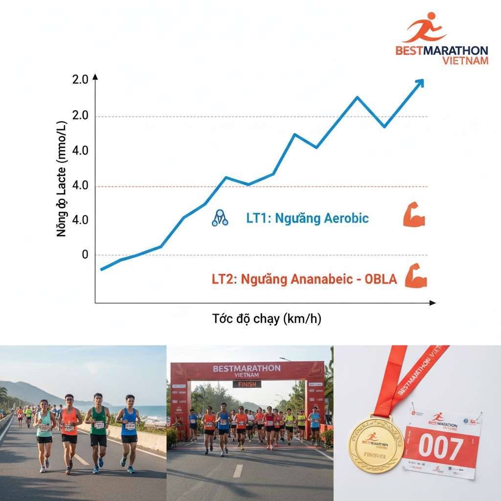 Infographic nền trắng sạch minh họa đồ thị đường cong lactate máu (trục Y: nồng độ lactate mmol/L, trục X: tốc độ chạy km/h), đường cong tăng dần rồi dốc lên, hai mốc được đánh dấu rõ ràng bằng đường ngang: LT1 ở 2.0 mmol/L có nhãn 