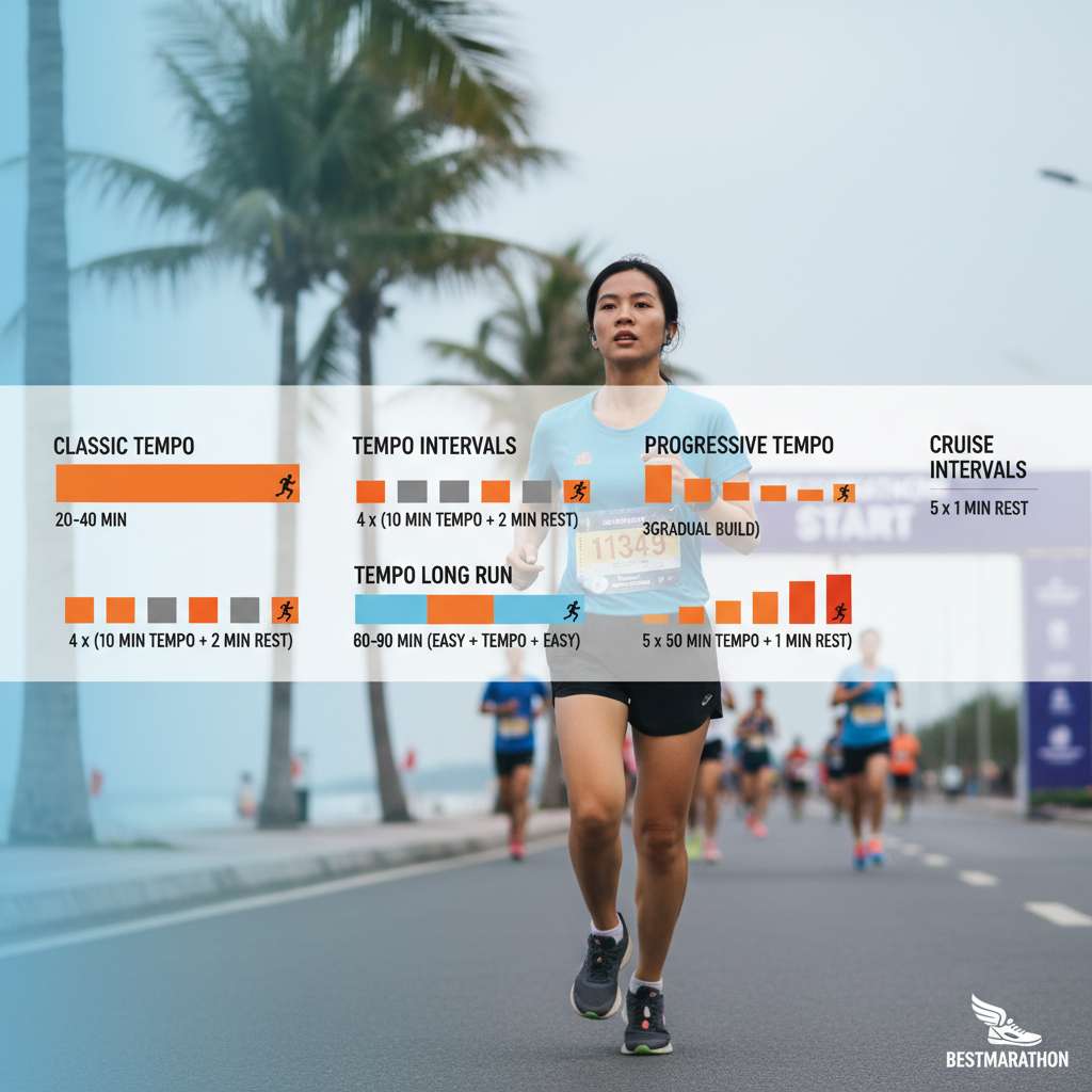 Infographic ngang trên nền gradient xanh dương nhạt đến trắng, minh họa 5 biến thể tempo run bằng timeline block: Classic Tempo (1 block cam liền dài), Tempo Intervals (4 block cam ngắn xen kẽ block xám nghỉ), Tempo Long Run (block xanh-cam-xanh), Progressive Tempo (block cam tăng dần đậm màu), Cruise Intervals (5 block cam vừa xen block xám ngắn), mỗi biến thể có icon runner nhỏ và nhãn thời gian, phong cách flat design hiện đại