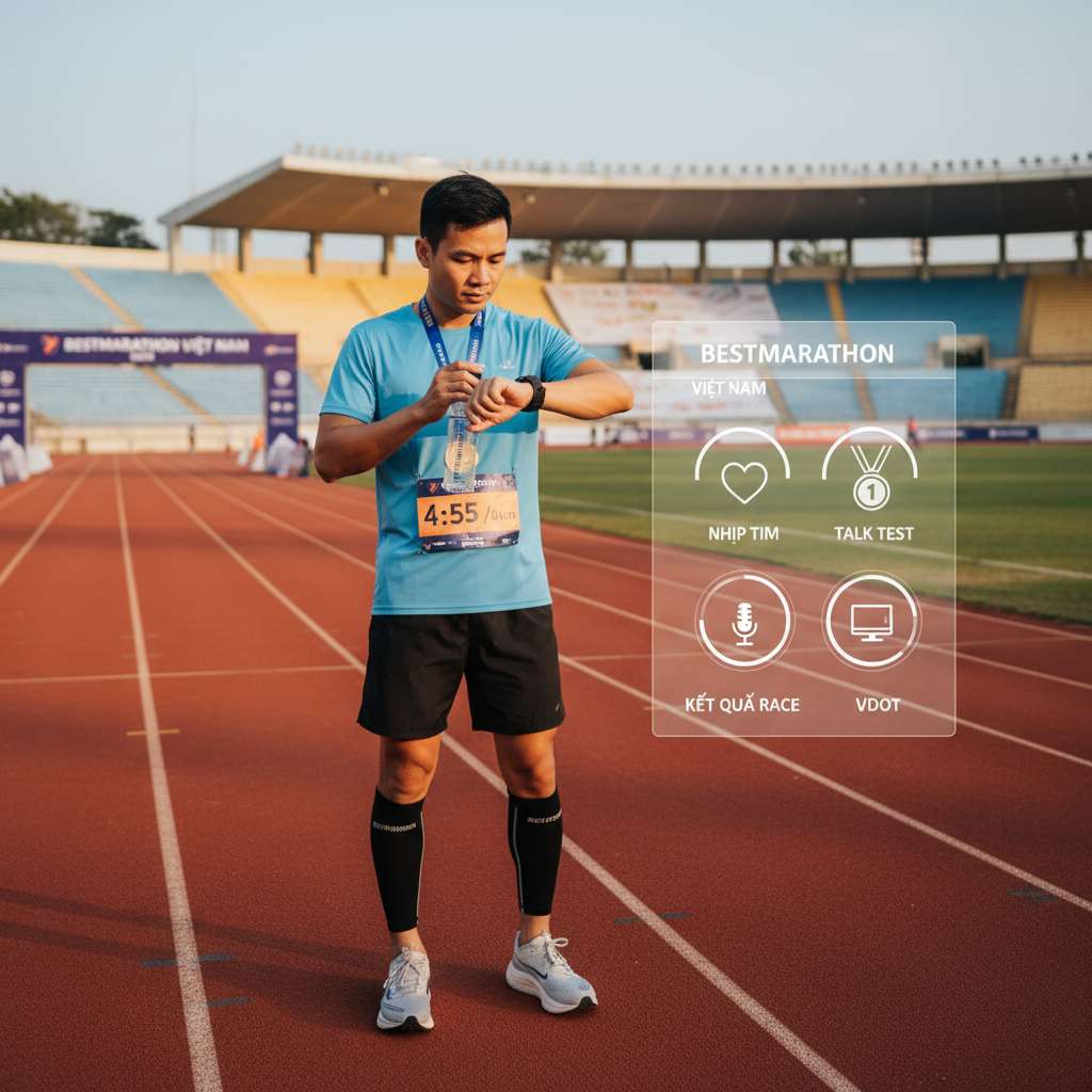 Runner Việt Nam nam khoảng 30 tuổi đứng trên đường chạy tartan track, tay trái nhìn đồng hồ GPS hiển thị pace và nhịp tim, tay phải cầm bình nước, phía sau là sân vận động Mỹ Đình buổi chiều vàng, bên cạnh runner là bảng minh họa nhỏ dạng popup với 4 icon: trái tim (nhịp tim), huy chương (kết quả race), micrô (talk test), máy tính (VDOT), ánh sáng chiều ấm, góc chụp 3/4 từ phía trước
