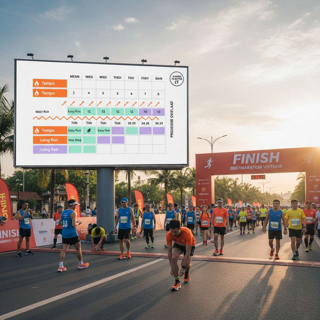 Bảng lịch tập 8 tuần dạng lịch calendar trên nền trắng, mỗi tuần 1 hàng ngang, buổi tempo được highlight bằng block màu cam nổi bật với icon ngọn lửa, buổi easy run màu xanh mint nhạt với icon lá cây, buổi long run màu tím nhạt, có mũi tên tăng dần từ tuần 1 đến tuần 8 thể hiện progressive overload, góc trên phải có logo 
