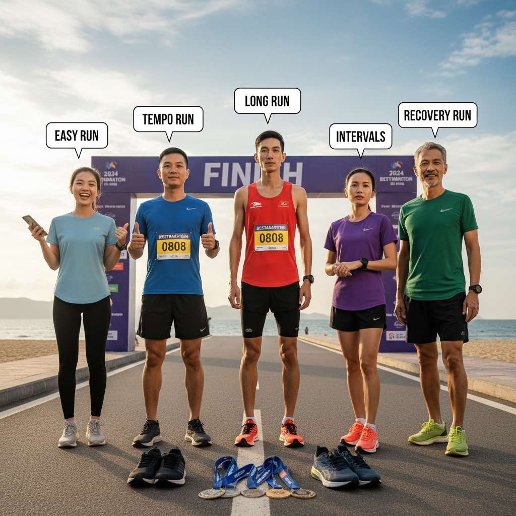 Minh họa 5 nhóm runner đa dạng đứng cạnh nhau trên đường chạy, từ trái qua phải: người mới bắt đầu (trang phục casual, biểu cảm hào hứng), runner phong trào (đeo bib số race), marathon runner (áo singlet chuyên nghiệp, gầy gò), runner muốn phá PB (biểu cảm quyết tâm, đồng hồ GPS), runner trên 40 tuổi (tóc hoa râm, khỏe mạnh), mỗi người có bubble nhỏ phía trên ghi tên biến thể tempo phù hợp, nền là đường chạy ven biển Đà Nẵng, phong cách illustration thân thiện