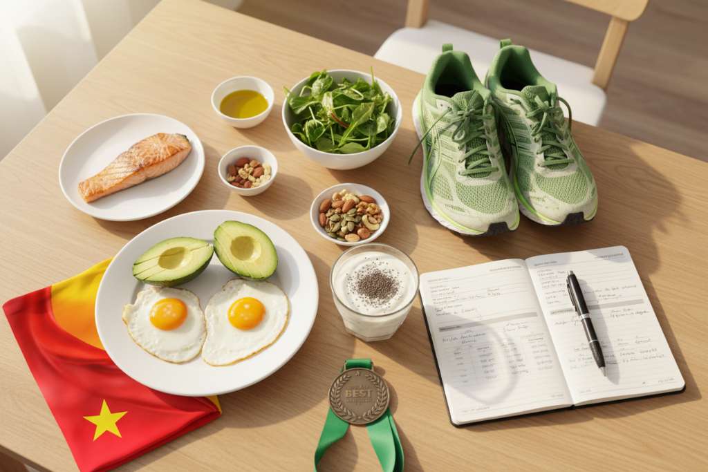 Ảnh flat-lay chụp từ trên xuống một bàn ăn sáng ngày nghỉ của runner. Trên mặt bàn gỗ sáng có: đĩa trứng ốp 3 quả, nửa quả bơ cắt lát, tô salad rau xanh với olive oil, chén nhỏ hạt hỗn hợp (hạnh nhân, óc chó, hạt bí), một lát cá hồi nướng, ly sữa chua Hy Lạp rắc hạt chia. Bên cạnh là đôi giày chạy bộ đặt gọn gàng và cuốn sổ training log. Ánh sáng tự nhiên ấm áp buổi sáng, tông xanh lá và trắng chủ đạo.