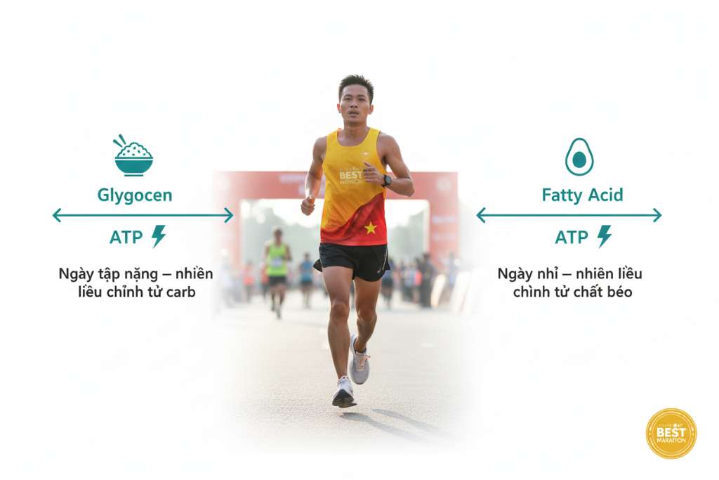 Sơ đồ minh họa hai con đường năng lượng song song trên nền trắng. Bên trái: icon bát cơm → mũi tên →