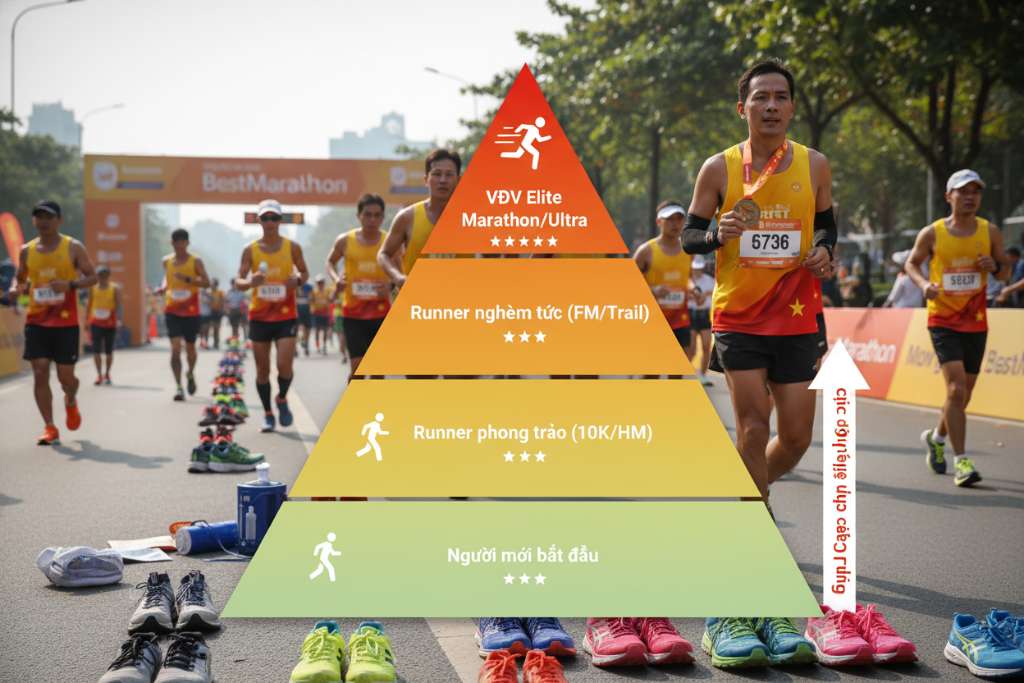 Hình kim tự tháp 4 tầng từ đỉnh xuống đáy. Tầng đỉnh nhỏ nhất ghi