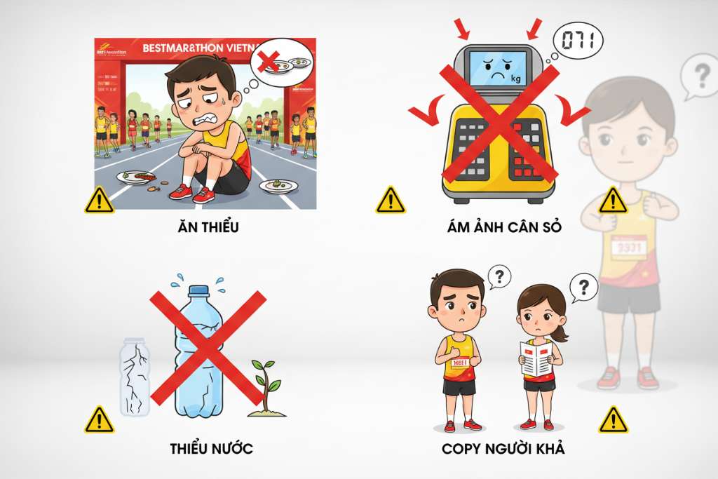 Minh họa 4 ô vuông xếp lưới 2x2 trên nền trắng, mỗi ô mô tả một sai lầm phổ biến. Ô 1: runner mệt mỏi ngồi bệt giữa đường chạy, mặt nhăn nhó (ăn thiếu ngày tập). Ô 2: bàn cân điện tử với mặt buồn trên màn hình (ám ảnh con số). Ô 3: chai nước bị gạch chéo đỏ (thiếu nước). Ô 4: hai runner khác nhau cầm cùng một tờ thực đơn (copy người khác). Phong cách minh họa cartoon thể thao, tông đỏ-cam cảnh báo, icon ⚠️ ở góc mỗi ô.