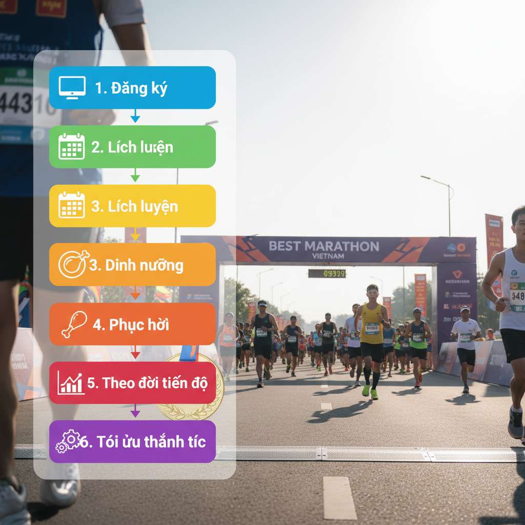 Flowchart dọc 6 bước trên nền trắng, mỗi bước là một ô bo tròn với màu gradient khác nhau (xanh dương → xanh lá → vàng → cam → đỏ → tím). Mỗi ô có icon hành động: Bước 1 icon máy tính, Bước 2 icon lịch tuần, Bước 3 icon đĩa ăn với mũi tên lên/xuống, Bước 4 icon miếng thịt gà, Bước 5 icon biểu đồ line chart, Bước 6 icon nút điều chỉnh. Các ô nối bằng mũi tên xuống. Font sans-serif đậm, dễ đọc trên mobile.