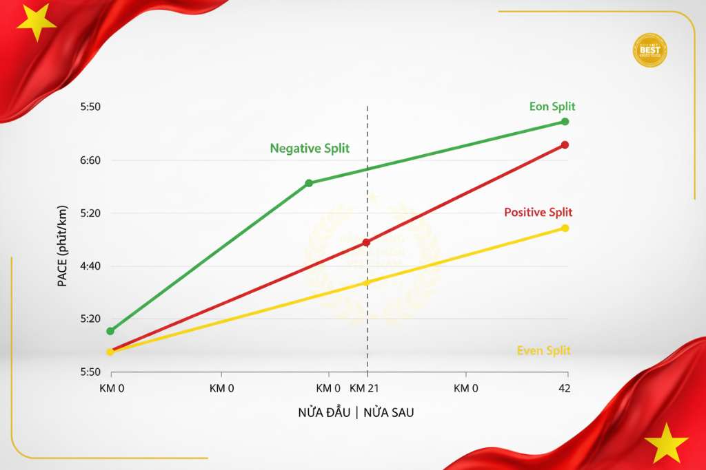 Infographic nền trắng sạch minh họa ba biểu đồ đường pace/km song song: đường xanh lá (negative split — pace giảm dần từ 5:50 xuống 5:25/km), đường đỏ (positive split — pace tăng dần từ 5:25 lên 6:10/km), đường vàng (even split — pace ngang 5:40/km). Trục ngang ghi km 0 đến 42, trục dọc ghi pace. Có đường kẻ giữa tại km 21 đánh dấu 