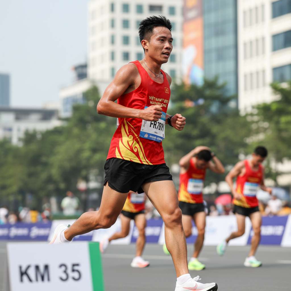 VĐV marathon nam châu Á mặc áo đỏ đang chạy mạnh mẽ ở km 35 trên đường đua thành phố, biểu cảm quyết tâm nhưng thoải mái, hai tay nắm chặt, bước chân dài. Phía sau có 3-4 runner đang cúi đầu chạy mệt mỏi với pace chậm hơn rõ rệt. Bảng cọc km 