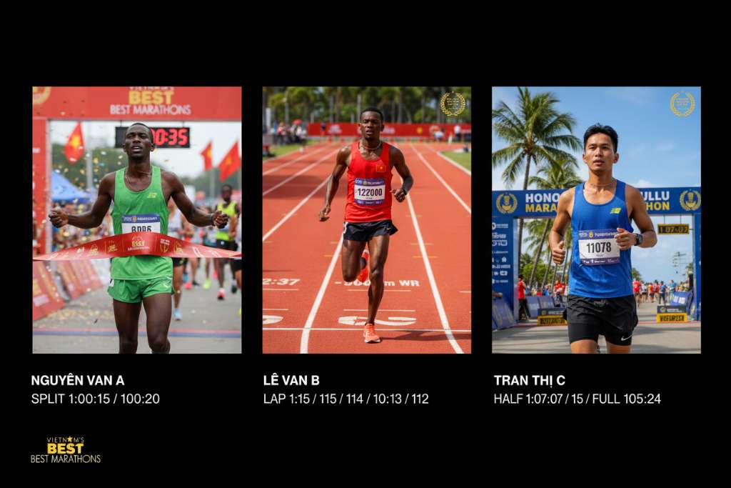 Ba khung ảnh song song trên nền đen: khung trái là VĐV marathon da đen mặc áo xanh lá cán đích với đồng hồ hiển thị 2:00:35, khung giữa là VĐV marathon da đen mặc áo đỏ đang tăng tốc trên track với thông số 
