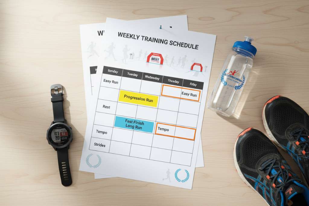 Lịch tập luyện tuần dạng bảng treo tường được chụp từ trên xuống, trên bàn gỗ sáng màu. Bảng ghi rõ 7 ngày với các bài tập: 