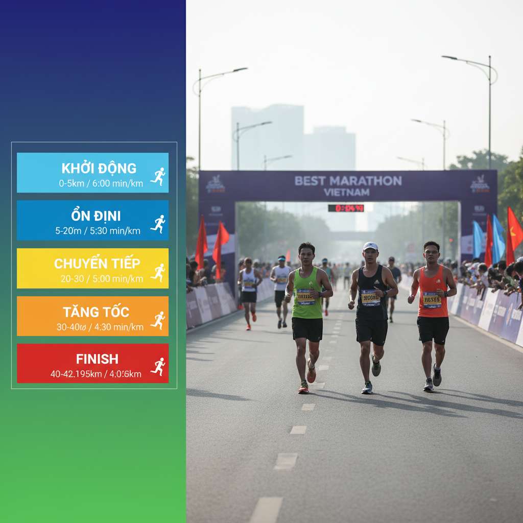 Bảng pace chi tiết được thiết kế dạng infographic dọc trên nền gradient xanh đậm sang xanh lá. Năm giai đoạn được phân tách rõ ràng bằng các khối màu khác nhau: Khởi động (xanh nhạt), Ổn định (xanh), Chuyển tiếp (vàng), Tăng tốc (cam), Finish (đỏ). Mỗi khối ghi rõ khoảng km và pace tương ứng, có biểu tượng runner nhỏ di chuyển từ trên xuống, font đậm dễ đọc.