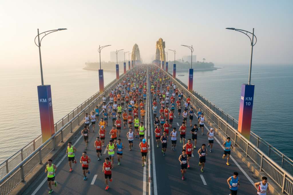 Đường đua marathon tại thành phố biển Đà Nẵng lúc sáng sớm, nhóm runner Việt Nam mặc áo giải đua đủ màu đang chạy trên cầu Rồng với biển xanh phía xa. Đường đua bằng phẳng, rộng thoáng, có banner km hai bên. Trời nắng nhẹ buổi sáng, hơi sương mỏng trên mặt biển, góc chụp wide-angle từ trên cao nghiêng xuống, chất lượng 4K, màu sắc tươi sáng.